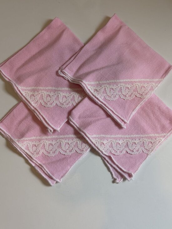 Unbranded Other - Set 4 Pink Linen Napkins With White Lace Trim Elegant Tea Party Cottagecore